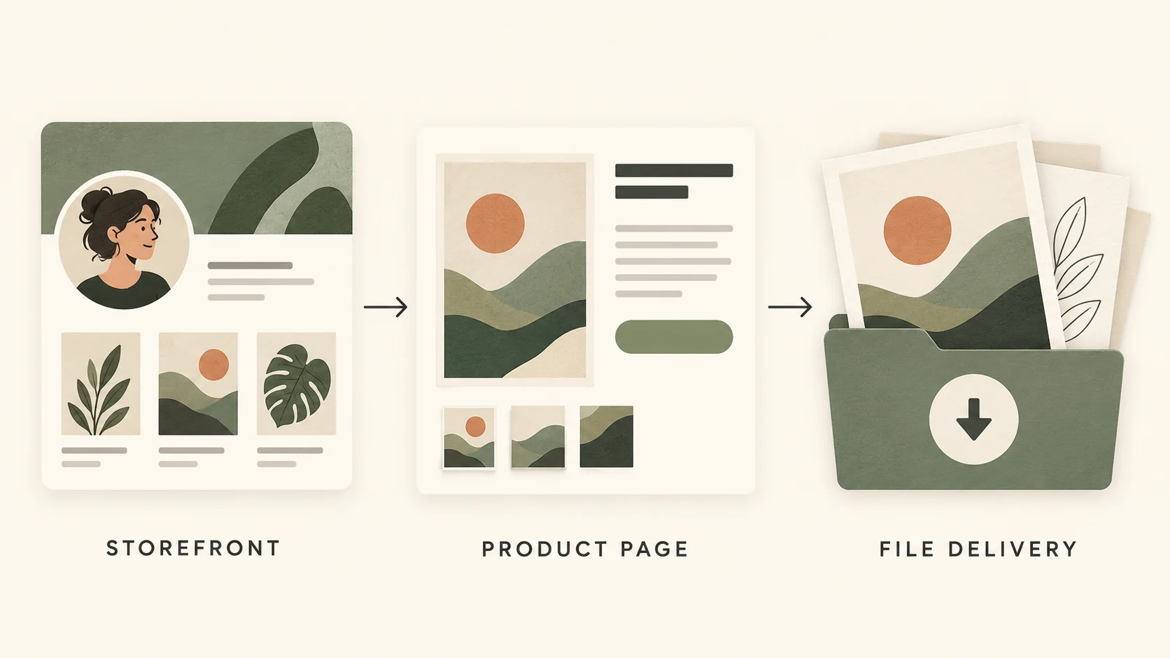 Help visitors move from the creator storefront to one clear offer and its delivery.