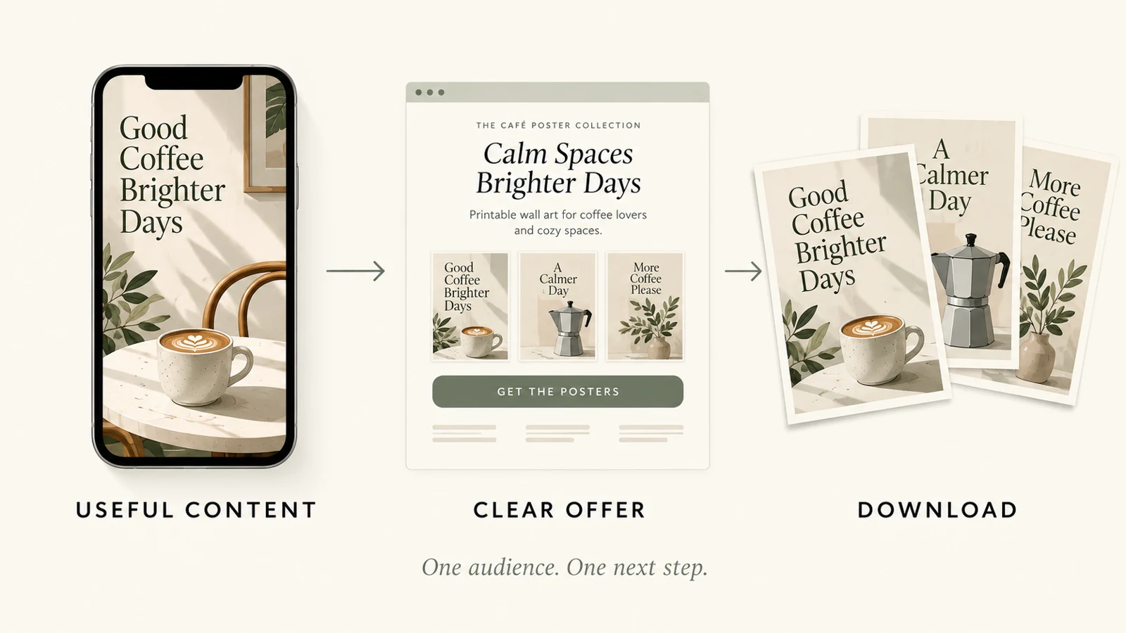 Concept diagram connecting useful content to a matching offer and download